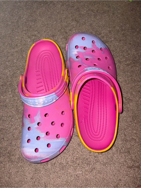 CROCS Shoes - CROCS Pink Tie-Dye Mules with Yellow Trim